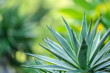 Poster - Close-up of an agave plant's spiky leaves growing in a botanical garden, showcasing the plant's vibrant green color and intricate texture against a soft-focus backdrop of lush greenery