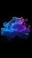 Poster - Bright particles exploding and forming abstract shapes with a gradient of colors from blue to fuchsia, on a black background, ideal for digital art projects related to energy, technology or music