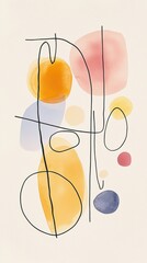 Poster - Pastel-toned watercolor circles and ovals intertwine with delicate black lines, creating a harmonious blend of color and form in this abstract art piece