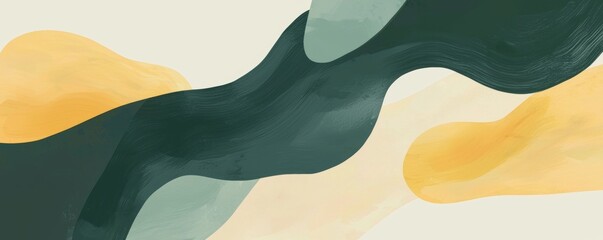 Poster - Abstract background featuring dynamic and wavy shapes in green and yellow, created with brushstrokes and evoking a sense of fluidity and modern art