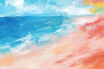 Poster - Brushstrokes of vibrant colors create an impressionistic seascape, evoking the serene beauty of a tropical beach with blue ocean under a bright sky