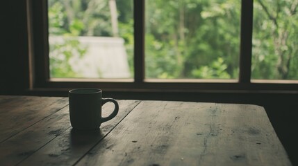 Wall Mural - Coffee mug on rustic wooden table, forest view