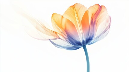 Poster - Delicately blooming colorful tulip featuring translucent petals, evoking a sense of lightness and fragility, isolated against a white background with ample copy space