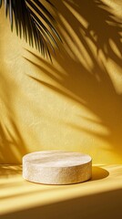 Poster - Empty travertine podium on yellow background with palm leaf shadow creating a summery and tropical atmosphere, perfect for showcasing products