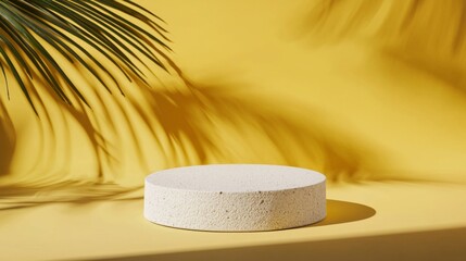 Poster - Minimalistic showcase with empty round white terrazzo podium on yellow background with palm leaf shadow creating exotic summer atmosphere for cosmetics or beauty products presentation