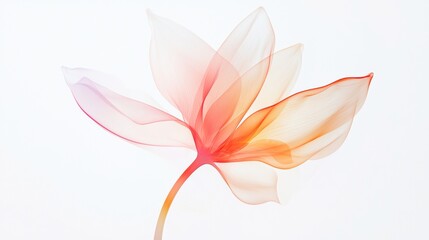 Poster - Blooming abstract flower with vibrant orange and pink petals unfolds gracefully against a soft white background, offering a delicate and ethereal representation of nature's beauty