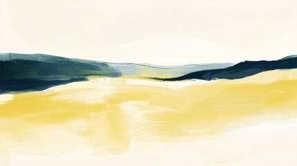 Poster - Brushstrokes of yellow and dark blue create an abstract landscape painting featuring rolling hills and vast open fields, evoking a sense of serenity and peacefulness