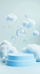 Poster - Light blue minimalist podium displaying cosmetic products with floating bubbles and clouds creates a dreamy and serene atmosphere, perfect for showcasing beauty or skincare items