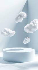 Poster - Minimalist pastel blue background with a white cylinder podium and fluffy clouds floating in a light blue room, perfect for showcasing products