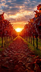 Wall Mural - sunset over vibrant vineyard in autumn