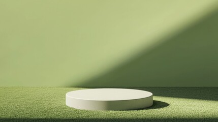Poster - White cylinder podium is displaying on green grass carpet with green wall background and ray of sunlight shining through, perfect for showcasing product