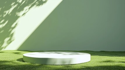 Poster - White cylinder podium displaying on green grass field with sunlight and tree shadow on green wall background for product presentation and natural concept