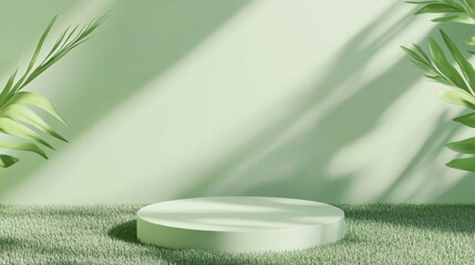 Poster - Green podium displaying products on lush grass with tropical plants casting shadows, creating a serene and natural backdrop for showcasing beauty or wellness items