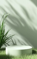 Poster - Green podium showcasing cosmetic products on a bed of lush grass, complemented by a vibrant green plant and an aesthetically pleasing shadow backdrop, creating a natural and refreshing presentation