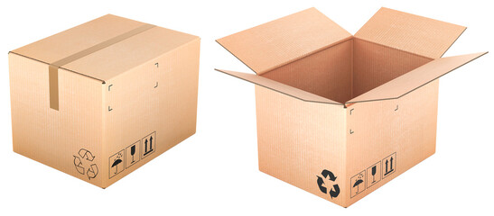 Poster - Parcels, cardboard boxes. Opened, empty and closed parcels. 3D rendering isolated on transparent background