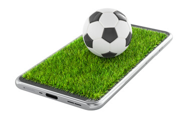 Poster - Soccer ball on smartphone with green grass of football field. 3D rendering isolated on transparent background