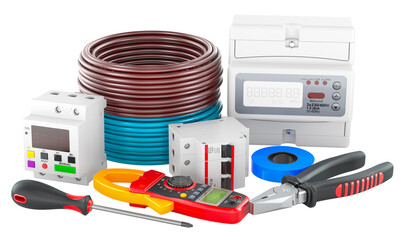 Poster - Electrical equipment and tools. 3D rendering isolated on transparent background
