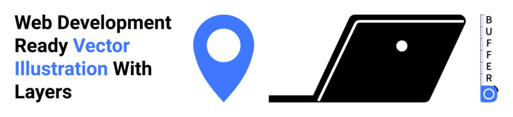 Blue map pin beside a black laptop, emphasizing digital navigation, location, and interface design. Ideal for technology, business, maps, web development, connectivity apps and abstract line flat