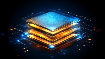 Poster - Stacked processors, glowing, dark background, tech
