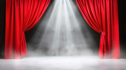 Wall Mural - a captivating empty stage shrouded in fog, with red curtains and spotlights hinting at potential dra
