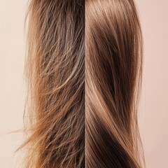 Poster - Comparison of damaged dull hair and shiny healthy hair strands showcasing distinct differences in appearance and texture. Generative AI