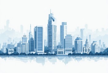 Fototapete - Foggy Cityscape with Skyscrapers and Tall Structures
