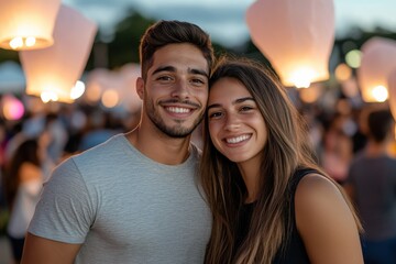 Wall Mural - Capturing a joyful moment, this photograph shows a smiling couple holding lanterns amidst a vibrant crowd, encapsulating the spirit of celebration and togetherness.