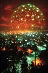 Poster - Mesmerizing nighttime cityscape with a glowing network sphere overhead.  Illustrates connection, technology, and global communication. Ideal for tech, innovation, or futuristic concepts.