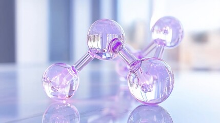 Poster - Glass molecule model on table, blurred office background; science concept