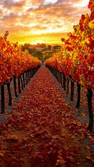 Wall Mural - vibrant autumn landscape in a vineyard at sunset