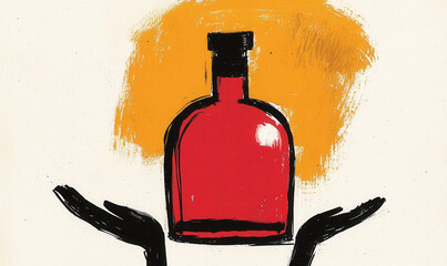 Poster - Bold Illustration of a Red Bottle Held by Hands in a Vibrant and Colorful Art Style, Symbolizing Creative Expression