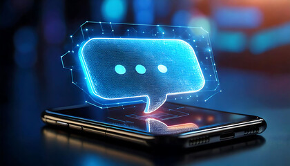 Poster - Stunning futuristic image of a glowing blue speech bubble icon emerging from a smartphone screen.