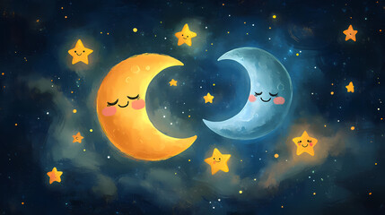 Wall Mural - cute moons smiling faces