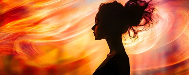Poster - Meditating woman with creative hairstyle silhouette against colorful universe background