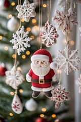 Poster - Festive christmas tree adorned with santa claus ornament, red and white snowflake decorations, and twinkling lights in the background