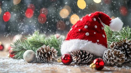 Poster - Festive christmas scene with santa claus hat, baubles, fir branches, and pine cones on snowy wooden table with blurred lights in the background