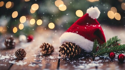 Poster - Red santa hat lying on wooden table with pine cones and snow, with christmas lights in background