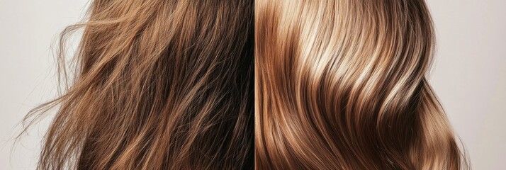 Aufkleber - Comparison of damaged dull hair and shiny healthy hair strands highlighting hair health in a split view setting. Generative AI
