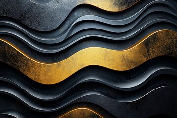 Wall Mural - 3D abstract wallpaper with dark golden and black tones, creating a deep, metallic effect. Geometric, wavy lines swirl through the background.