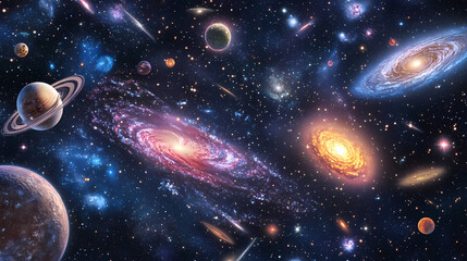 Wall Mural - A distant star and galaxy in 3d cartoon rendering. Celestial Bodies as Characters. Illustration
