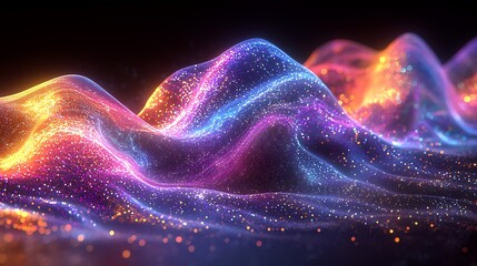 Wall Mural - a 3d abstract liquid wave, iridescent and glowing with neon colors, set against a dark, moody backgr