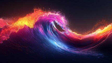 Wall Mural - A 3D abstract liquid wave, iridescent and glowing with neon colors, set against a dark, moody background.