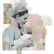 © aud - contempory graphic collage image retro grey image of a midwife and newborn baby Very serene and calm and beautiful Has a graphic modern feel to it The colours a