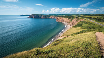 Fototapete - A stunning view of a coastal cliff with the ocean stretching into the horizon, highlighting the natural beauty and vastness of the landscape under a clear blue sky.
