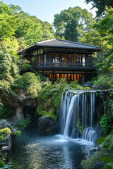 Poster - Traditional Japanese house with a peaceful garden and waterfall, surrounded by lush greenery, showcasing the beauty of nature and Japanese culture in a serene outdoor setting.