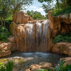 Poster - A serene waterfall cascading over rocks surrounded by lush greenery, creating a peaceful natural scene in a tropical garden setting, showcasing tranquility and nature's beauty.