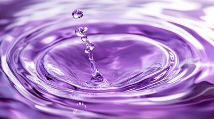 Poster - Close-up of water droplets rising from a purple liquid surface, capturing the moment of fluid dynamics and the beauty of motion in vibrant hues.