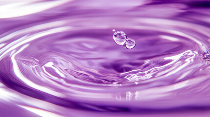 Poster - Close-up of purple water droplets forming ripples on the surface of the liquid, creating a beautiful and artistic abstract image, symbolizing fluid dynamics and color in motion.