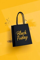 Aufkleber - Black friday shopping bag floating on a yellow background with black paint splatters