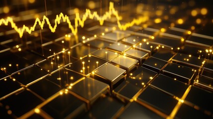 Poster - D gold bars with a digital line chart in the background, golden lines showing value increase, perfect for finance and investment themes